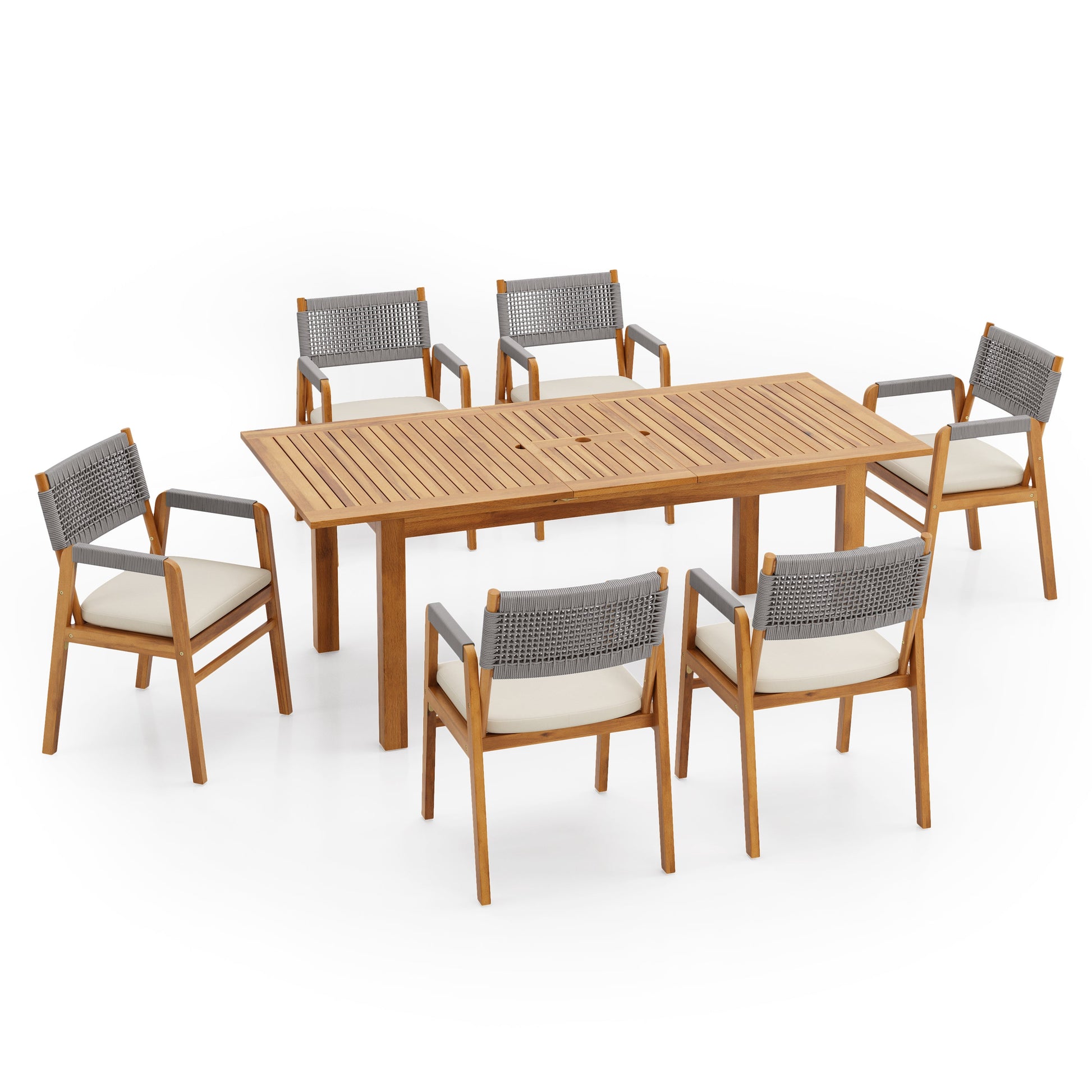 7-piece rustic outdoor dining set in acacia with cushioned chairs and umbrella-hole table by HouseOfZazla on Tampa Home & Garden Store