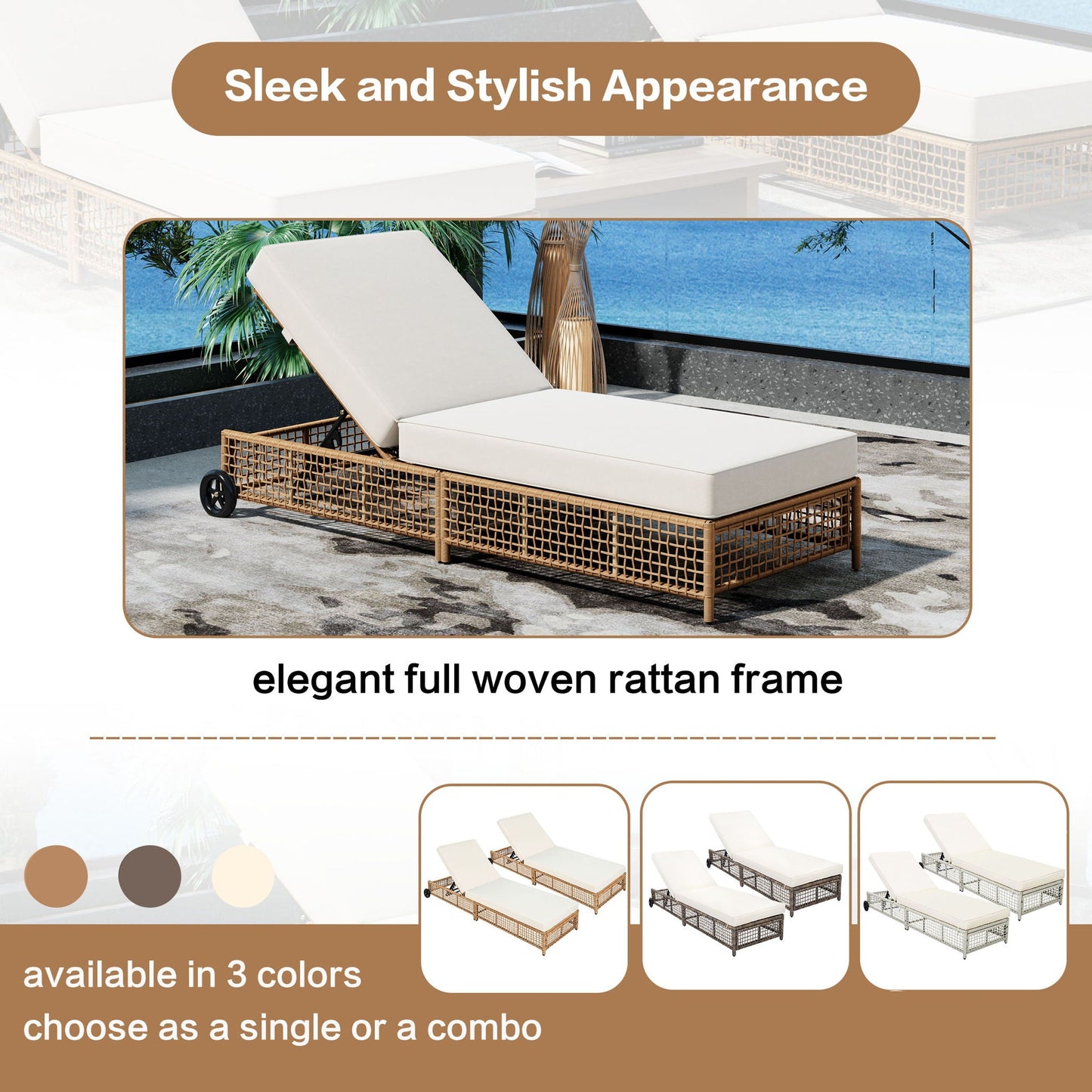 Outdoor lounge chair with white cushion, 5-position backrest, wheeled rattan frame on Tampa Home & Garden Store