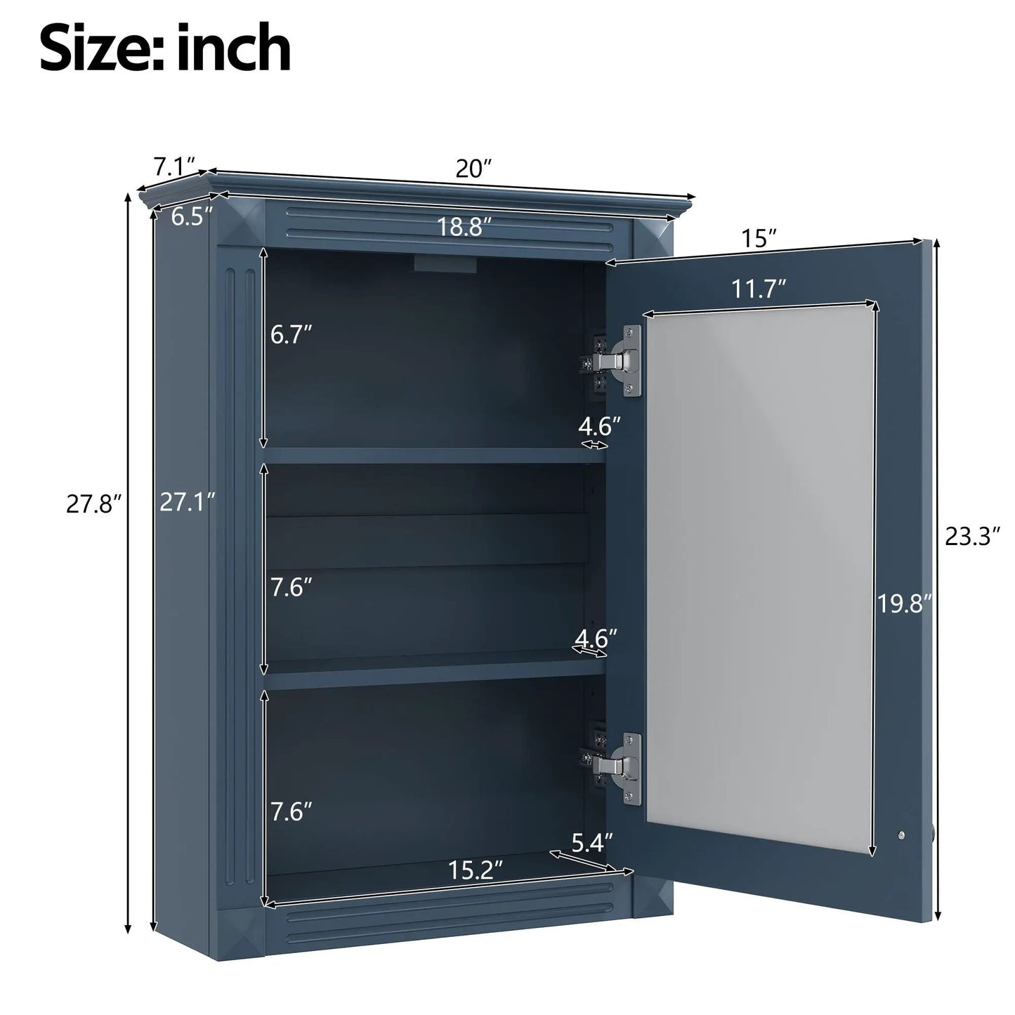 Wall mounted bathroom medicine cabinet with mirror in dark blue over toilet, shelves on Tampa Home & Garden Store