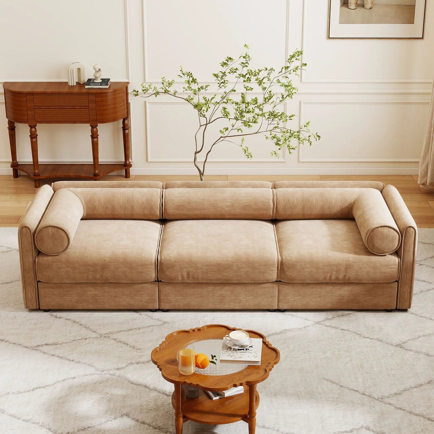 Beige storage sofa with cylindrical backrest, stationary couch by Unique Piece Furniture on Tampa Home & Garden Store