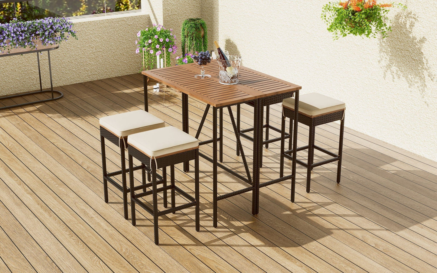 Outdoor acacia wood bar-height table with eight cushioned stools on a deck on Tampa Home & Garden Store