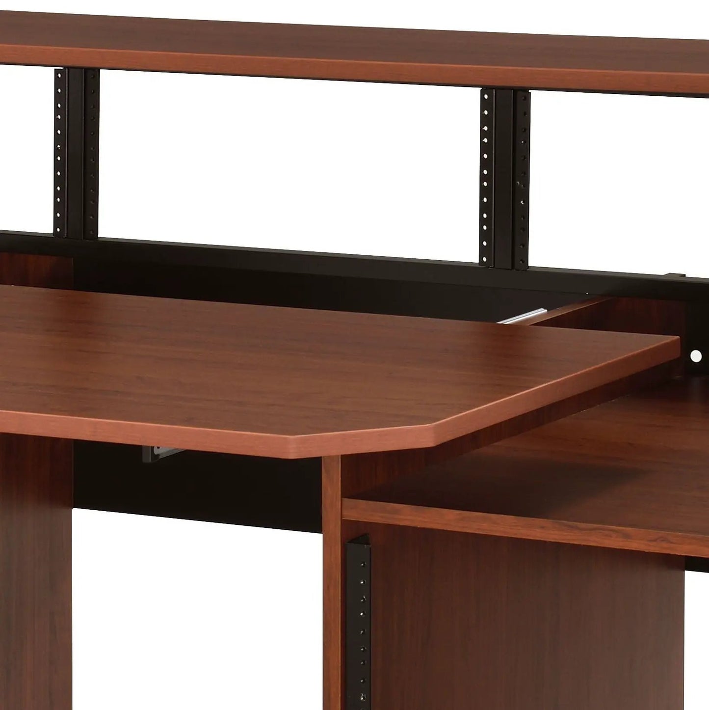 Annette Music Desk in walnut wood with black metal frame and two-tier work surface on Tampa Home & Garden Store
