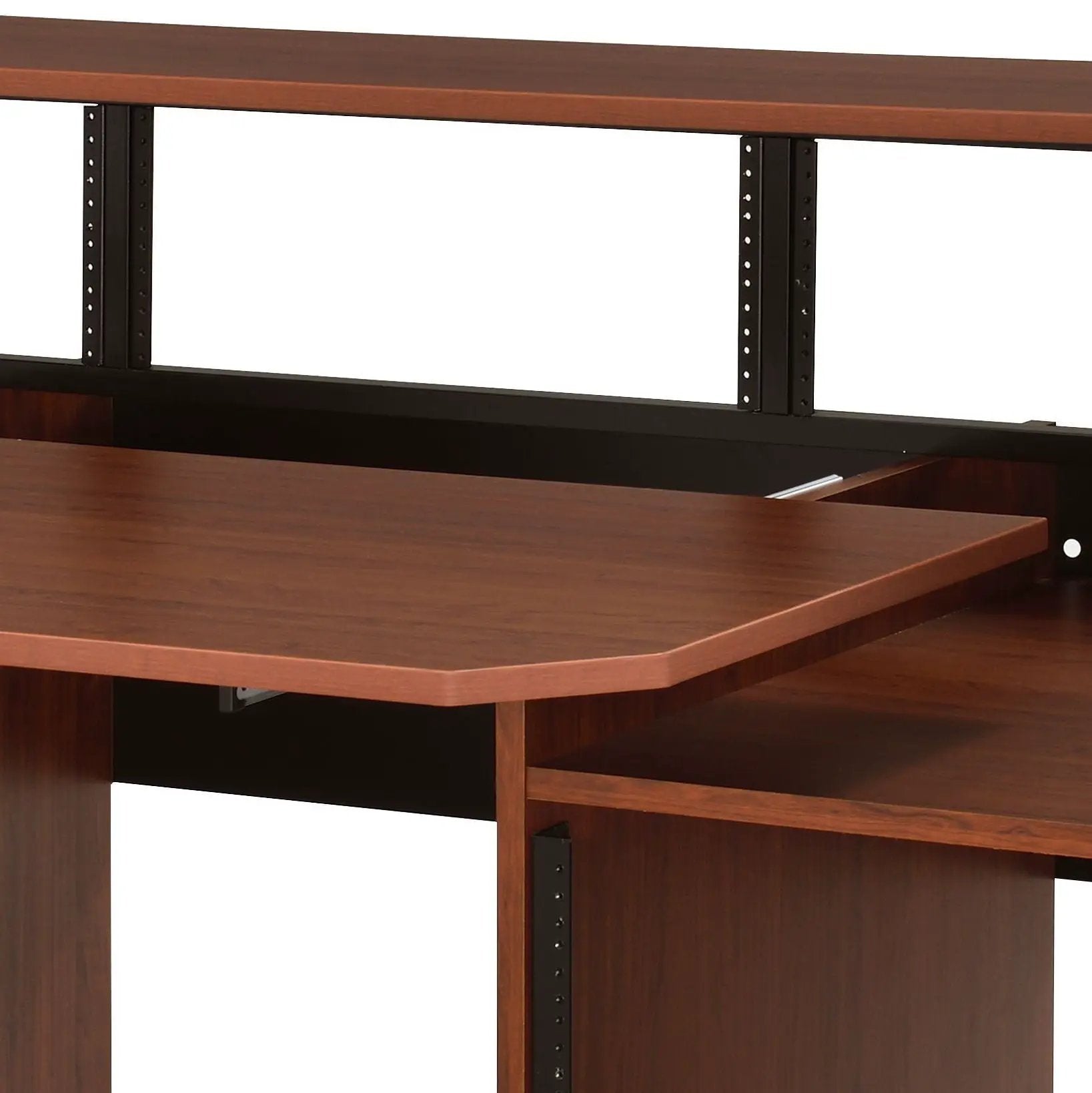 Annette Music Desk in walnut wood with black metal frame and two-tier work surface on Tampa Home & Garden Store