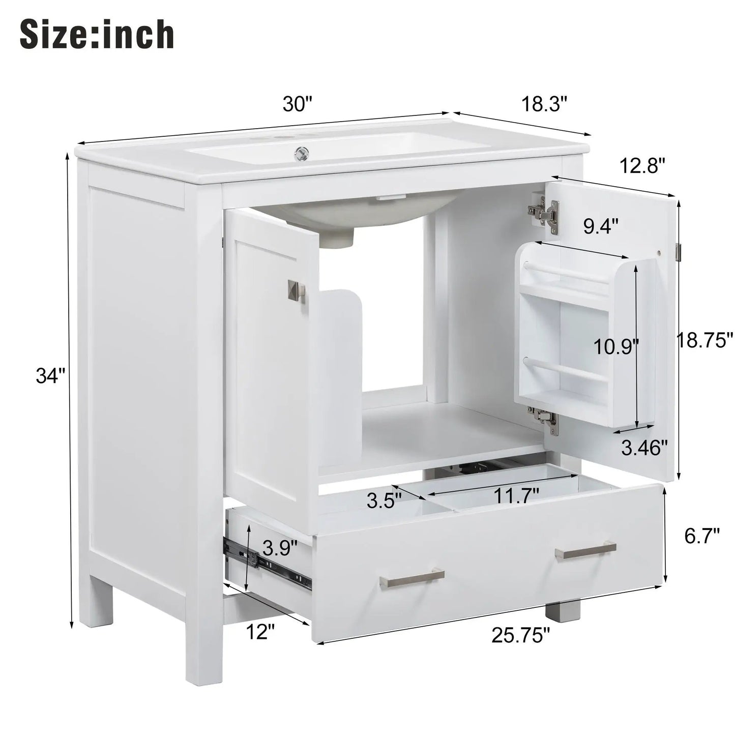 Bathroom vanity with single undermount sink, white solid-wood frame, two doors and a drawer on Tampa Home & Garden Store