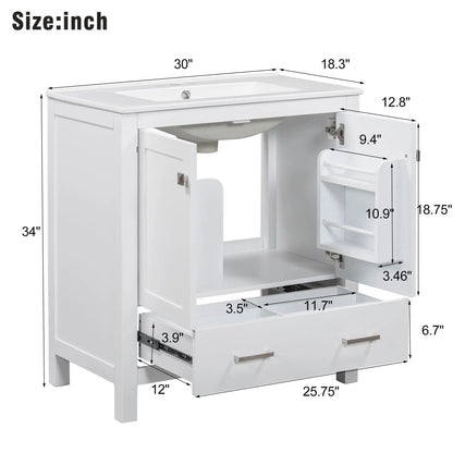 Bathroom vanity with single undermount sink, white solid-wood frame, two doors and a drawer on Tampa Home & Garden Store