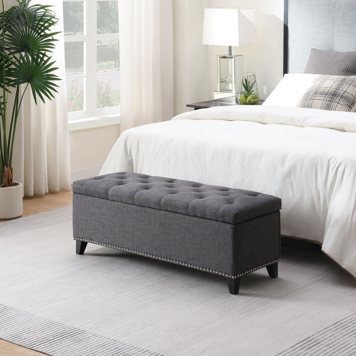 Button-Tufted Storage Ottoman with Safety Close Hinge in dark gray fabric on Tampa Home & Garden Store