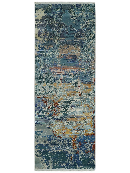Alfombra de pasillo abstracta moderna de lana y seda, fina, anudada a mano, de color azul, de 2,6 x 10 pulgadas | AGR12
