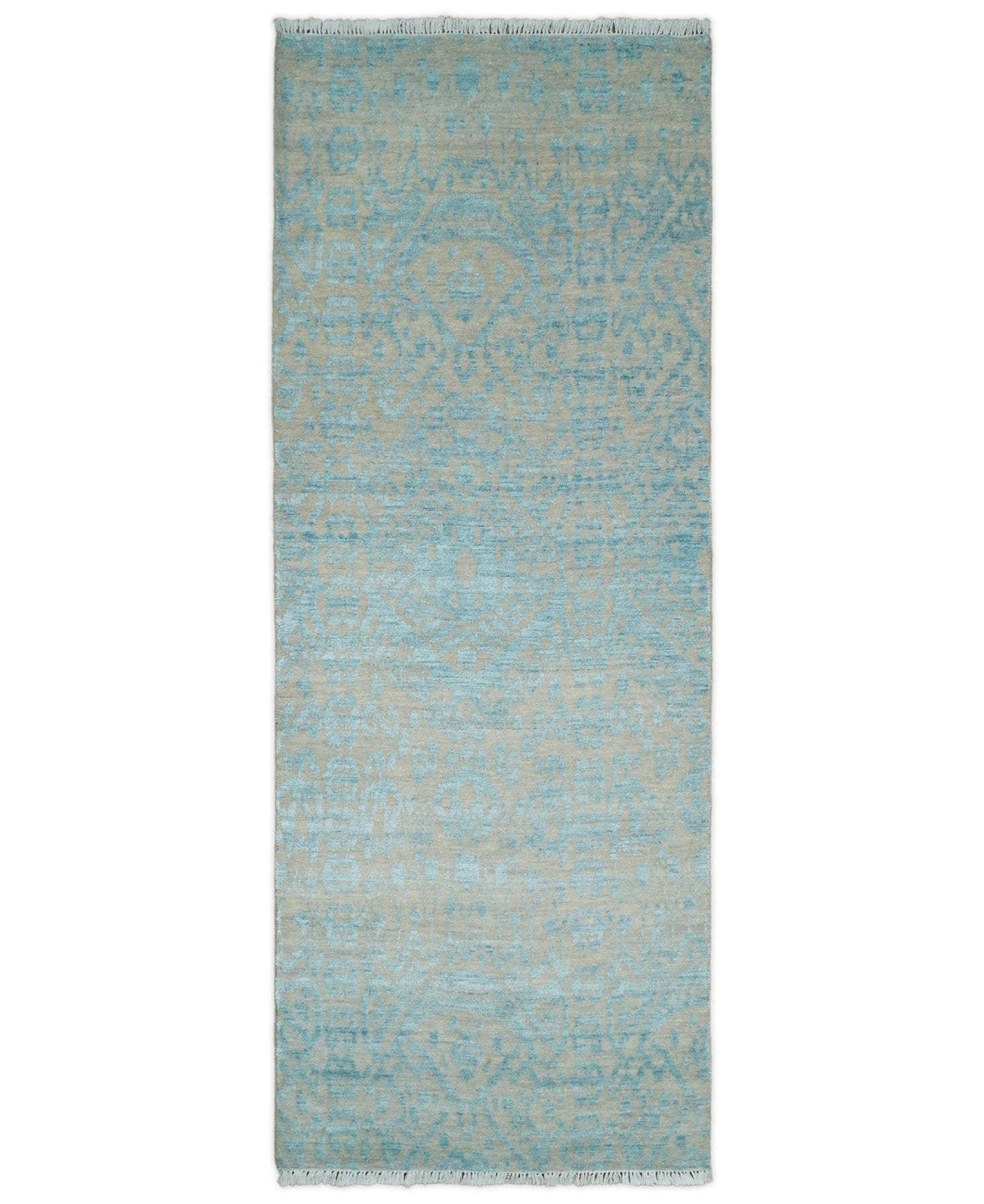Alfombra antigua de lana y seda, estilo persa tradicional, anudada a mano, de 2,6 x 8 pulgadas, en tonos camel y azul | AGR26