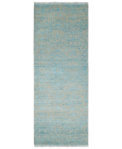 Alfombra antigua de lana y seda, estilo persa tradicional, anudada a mano, de 2,6 x 8 pulgadas, en tonos camel y azul | AGR26