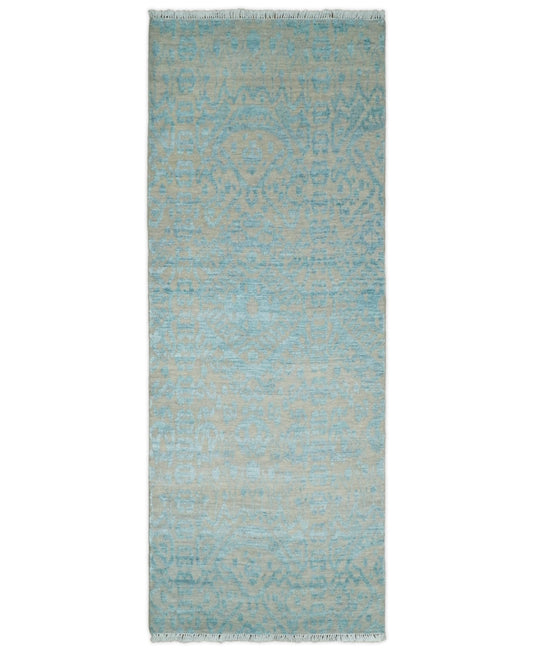2.6x8 Fine Hand Knotted Camel and Blue Traditional Vintage Persian Style Antique Wool and Silk Rug | AGR26 - Tampa Home & Garden Store