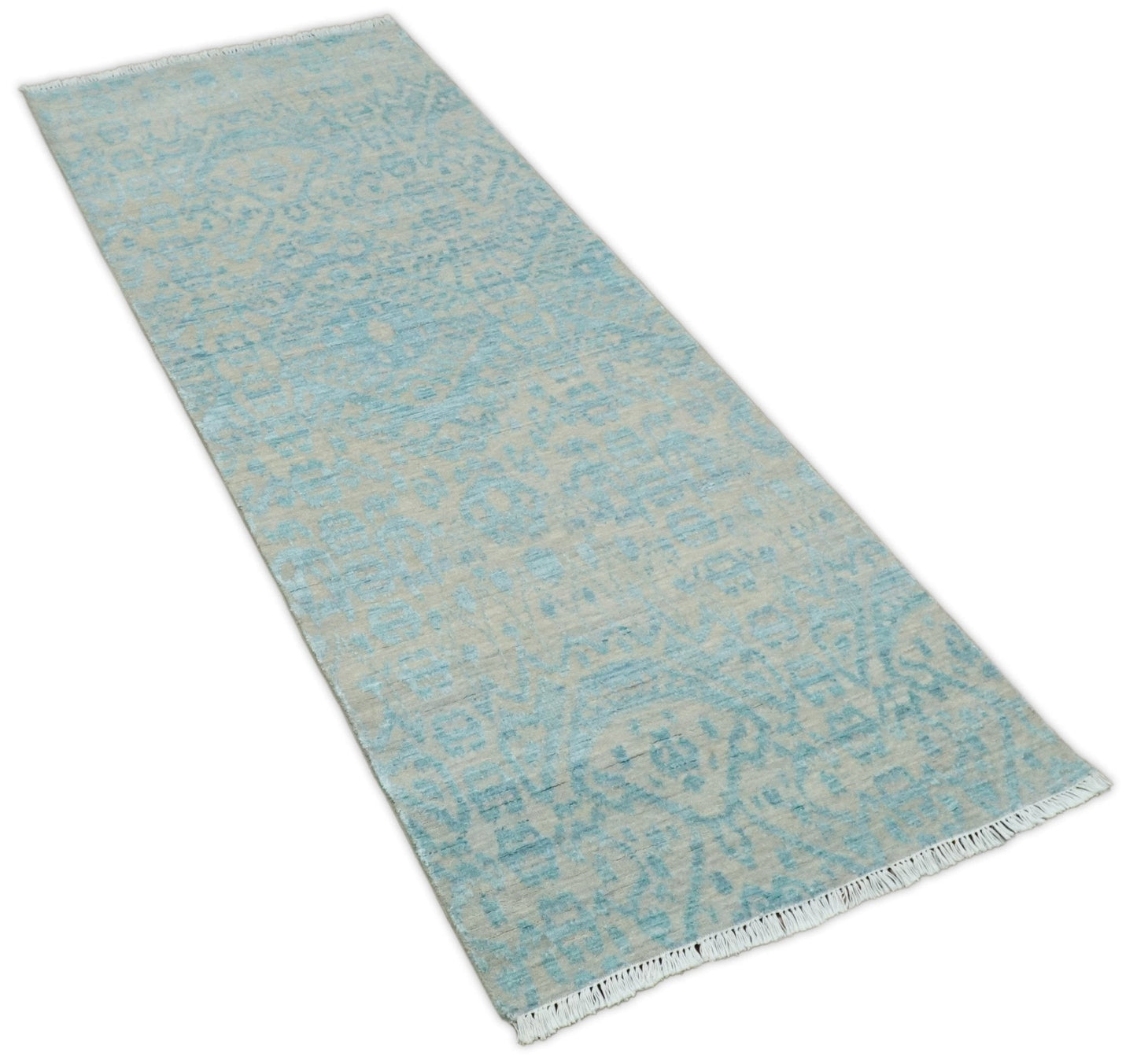Alfombra antigua de lana y seda, estilo persa tradicional, anudada a mano, de 2,6 x 8 pulgadas, en tonos camel y azul | AGR26