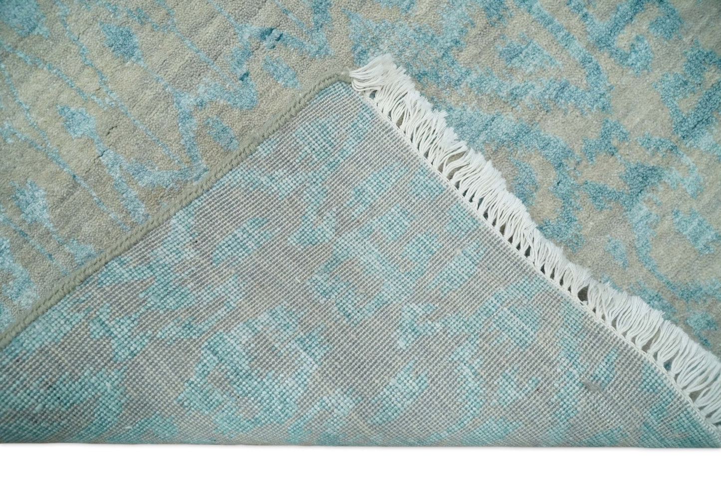 Alfombra antigua de lana y seda, estilo persa tradicional, anudada a mano, de 2,6 x 8 pulgadas, en tonos camel y azul | AGR26