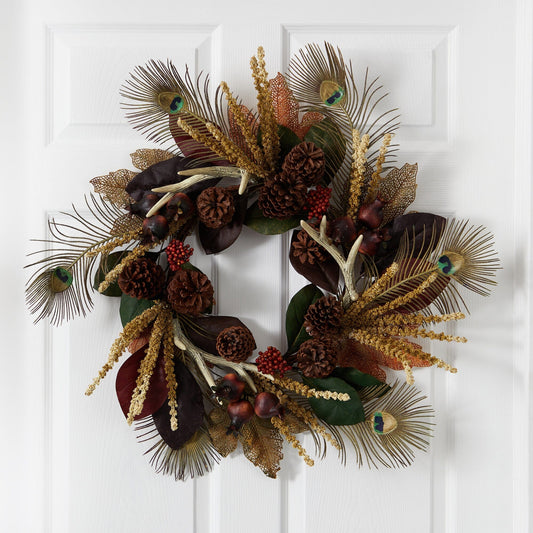 27” Magnolia Leaf, Berry, Antler and Peacock Artificial Wreath - Tampa Home & Garden Store