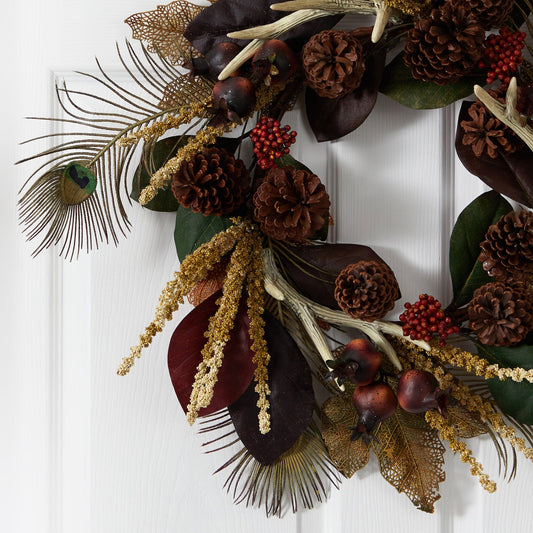 27” Magnolia Leaf, Berry, Antler and Peacock Artificial Wreath - Tampa Home & Garden Store