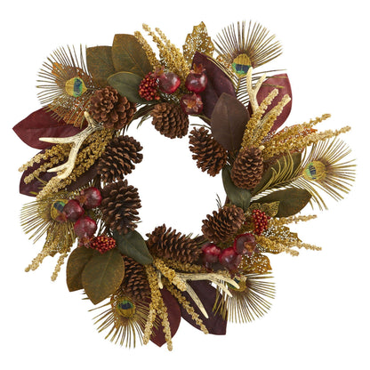 27” Magnolia Leaf, Berry, Antler and Peacock Artificial Wreath - Tampa Home & Garden Store