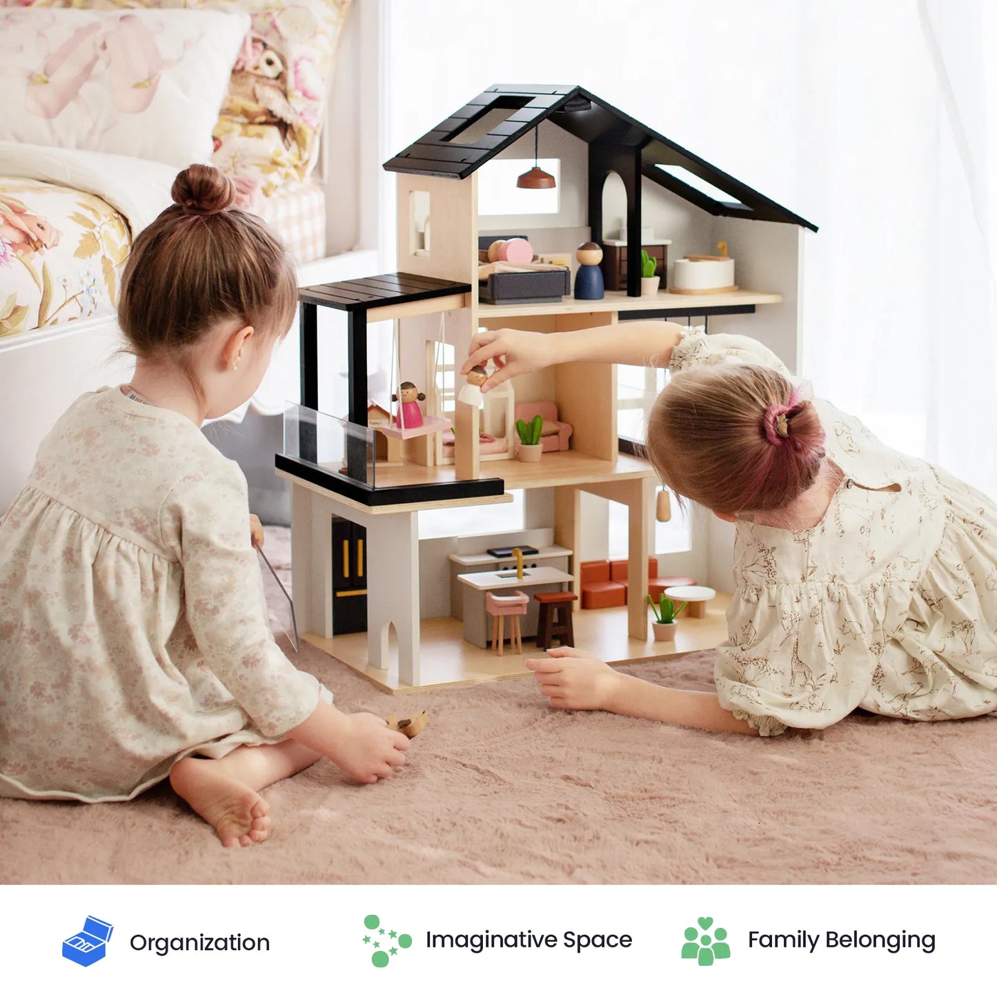 Tiny Land Sweetwood Edge Dollhouse by Tiny Land INC, natural wood with black roof on Tampa Home & Garden Store