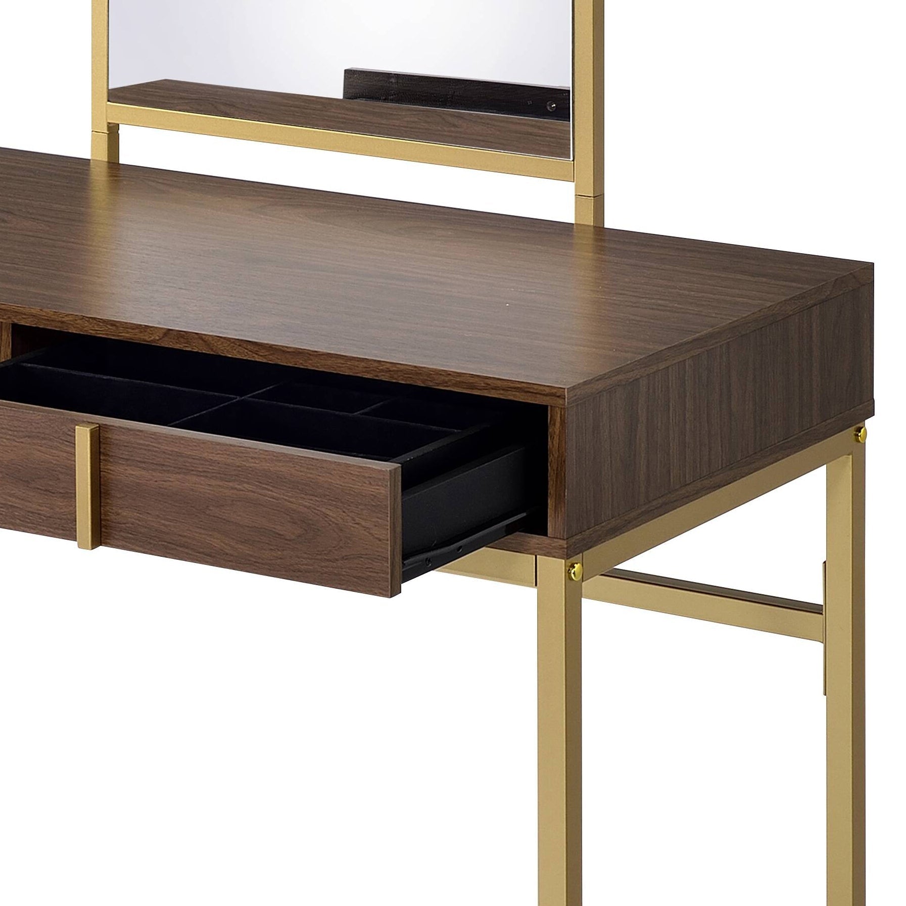 Coleen Walnut & Gold Finish Vanity Desk with Mirror & Jewelry Tray, walnut accents on Tampa Home & Garden Store