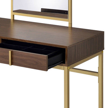 Coleen Walnut & Gold Finish Vanity Desk with Mirror & Jewelry Tray, walnut accents on Tampa Home & Garden Store