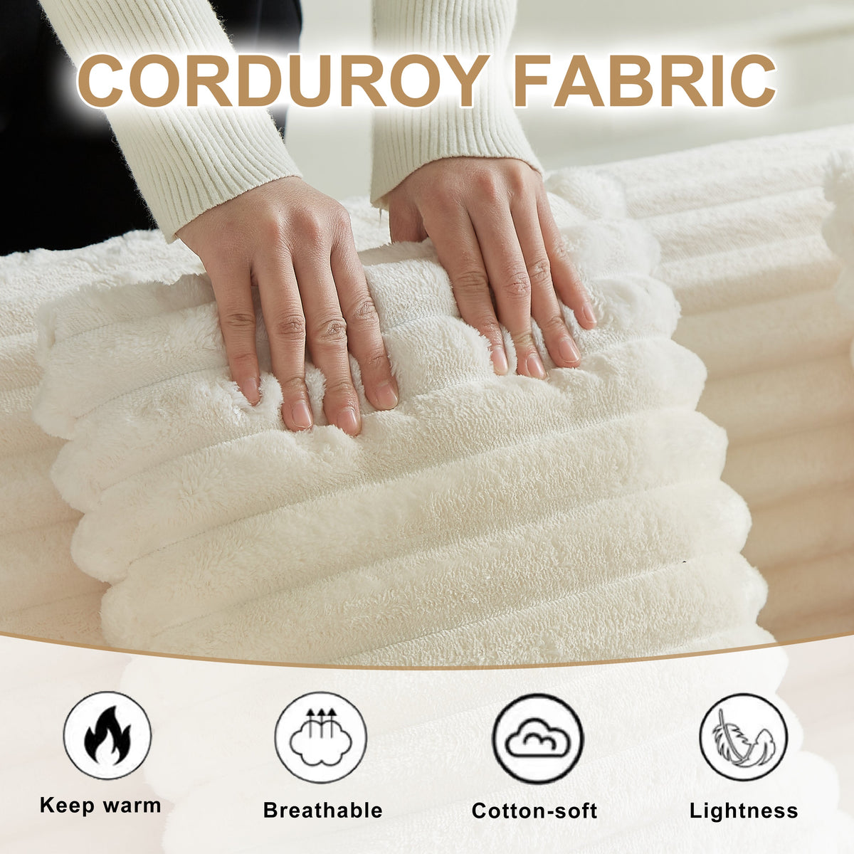 Corduroy sofa fabric close-up with hands smoothing plush white textile by HouseOfZazla on Tampa Home & Garden Store