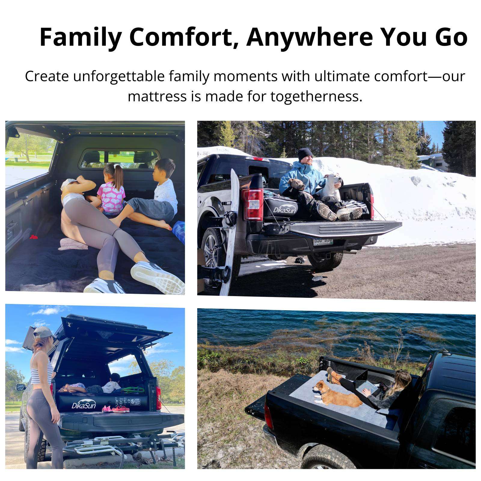 Dikasun Outdoor truck bed air mattress, 5.5–5.8 ft, black, shown in pickup bed collage on Tampa Home & Garden Store