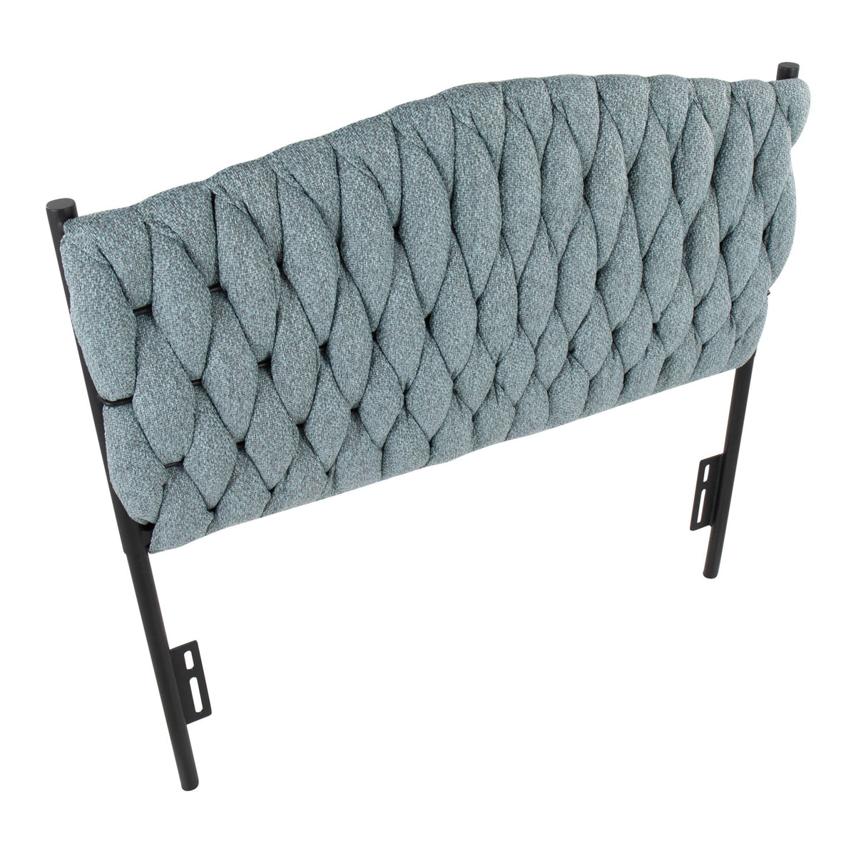 Upholstered twin headboard with braided Matisse pattern in blue-gray fabric with black legs on Tampa Home & Garden Store