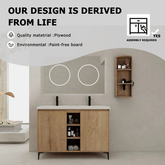 Freestanding bathroom vanity 48in with double resin sinks, oak finish and storage rack on Tampa Home & Garden Store