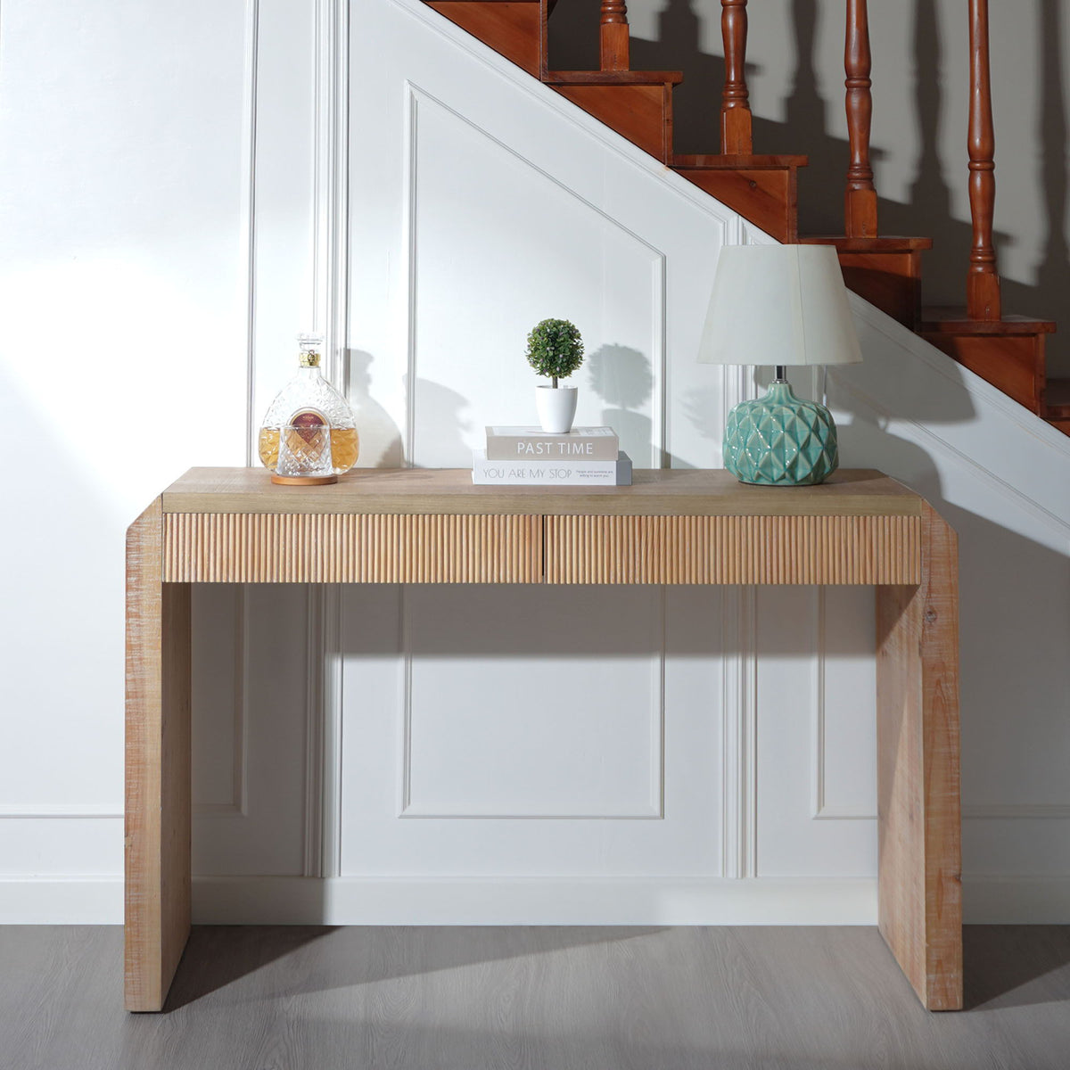 Rustic modern console table with drawer storage in natural wood finish with ribbed front drawers on Tampa Home & Garden Store