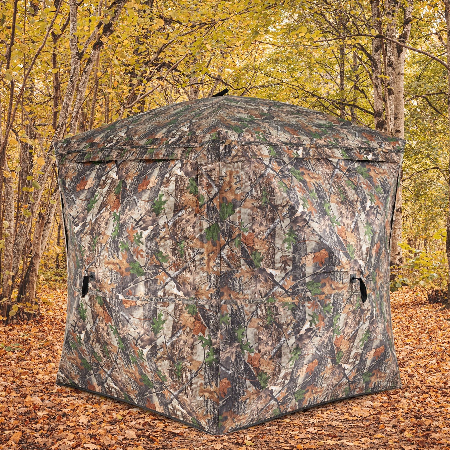 GemGear camouflage hunting blind tent in autumn forest, camo fabric with zip panels on Tampa Home & Garden Store
