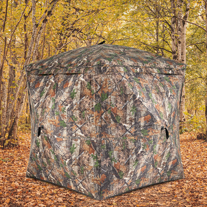 GemGear camouflage hunting blind tent in autumn forest, camo fabric with zip panels on Tampa Home & Garden Store