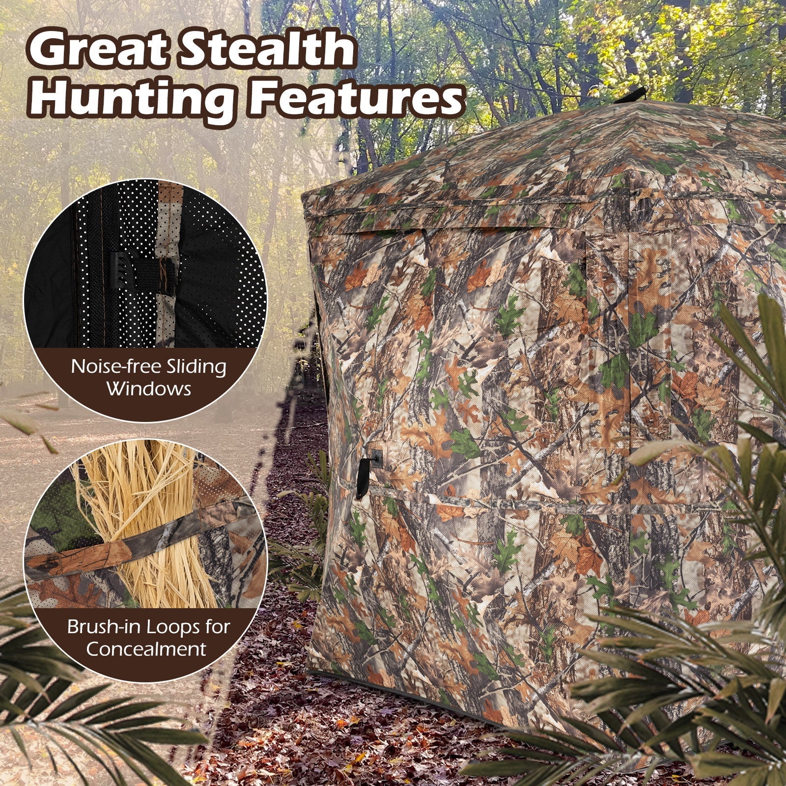 270° See-Through Hunting Blind Tent GemGear camo with silent magnetic door and noise-free windows on Tampa Home & Garden Store