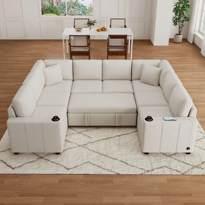 Convertible U-Shaped Sectional Sofa with Pull-Out Bed, beige fabric, 2-piece living room set on Tampa Home & Garden Store
