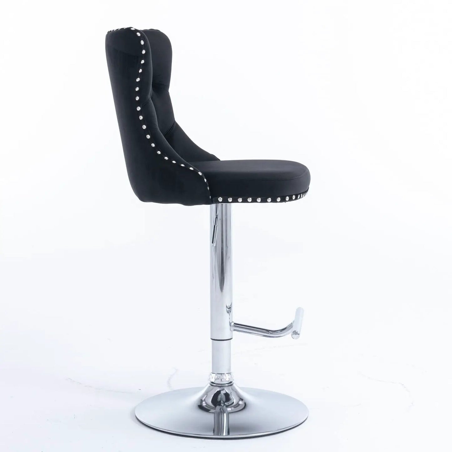 Swivel barstool with adjustable height, black tufted upholstery, nailhead trim, chrome base on Tampa Home & Garden Store