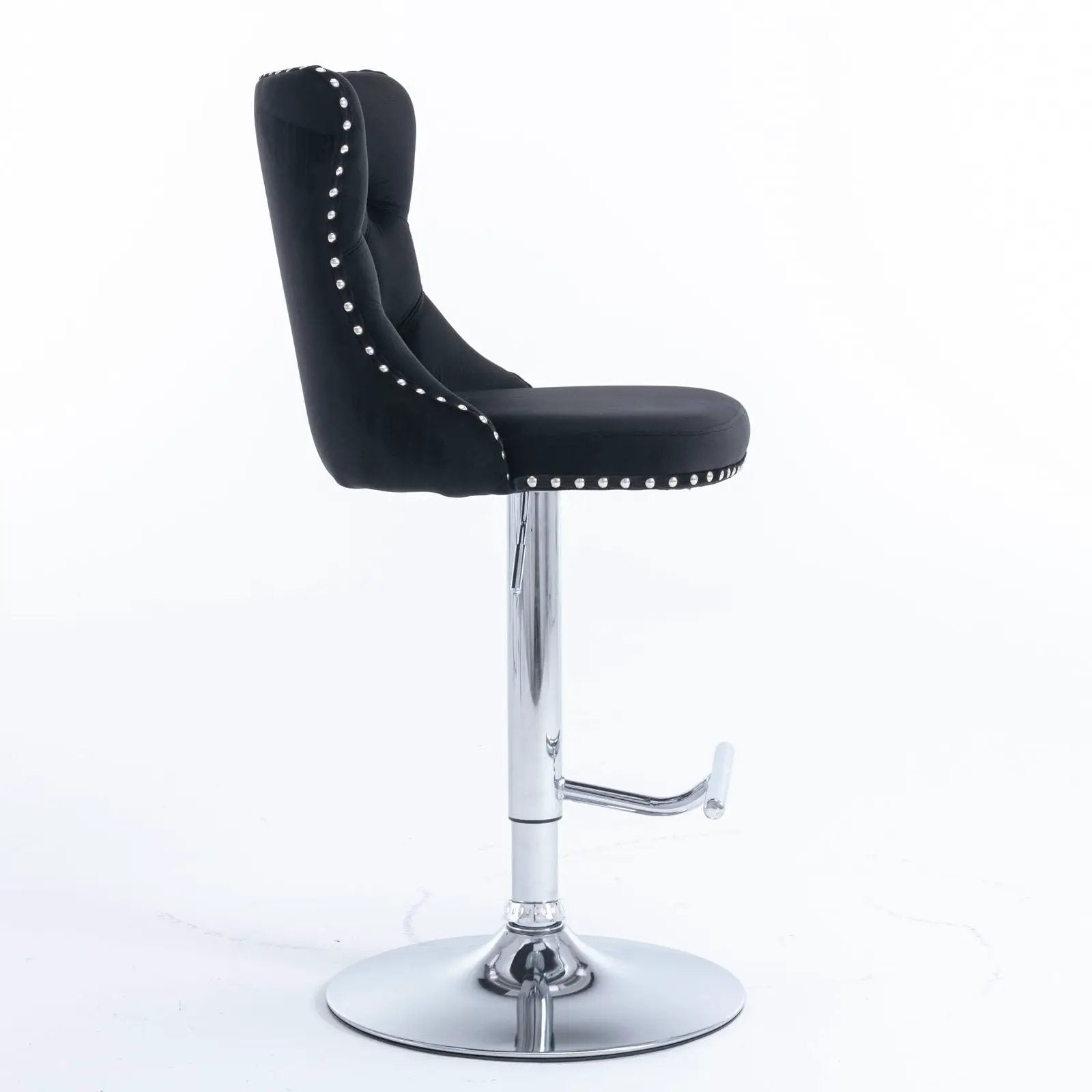 Swivel barstool with adjustable height, black tufted upholstery, nailhead trim, chrome base on Tampa Home & Garden Store