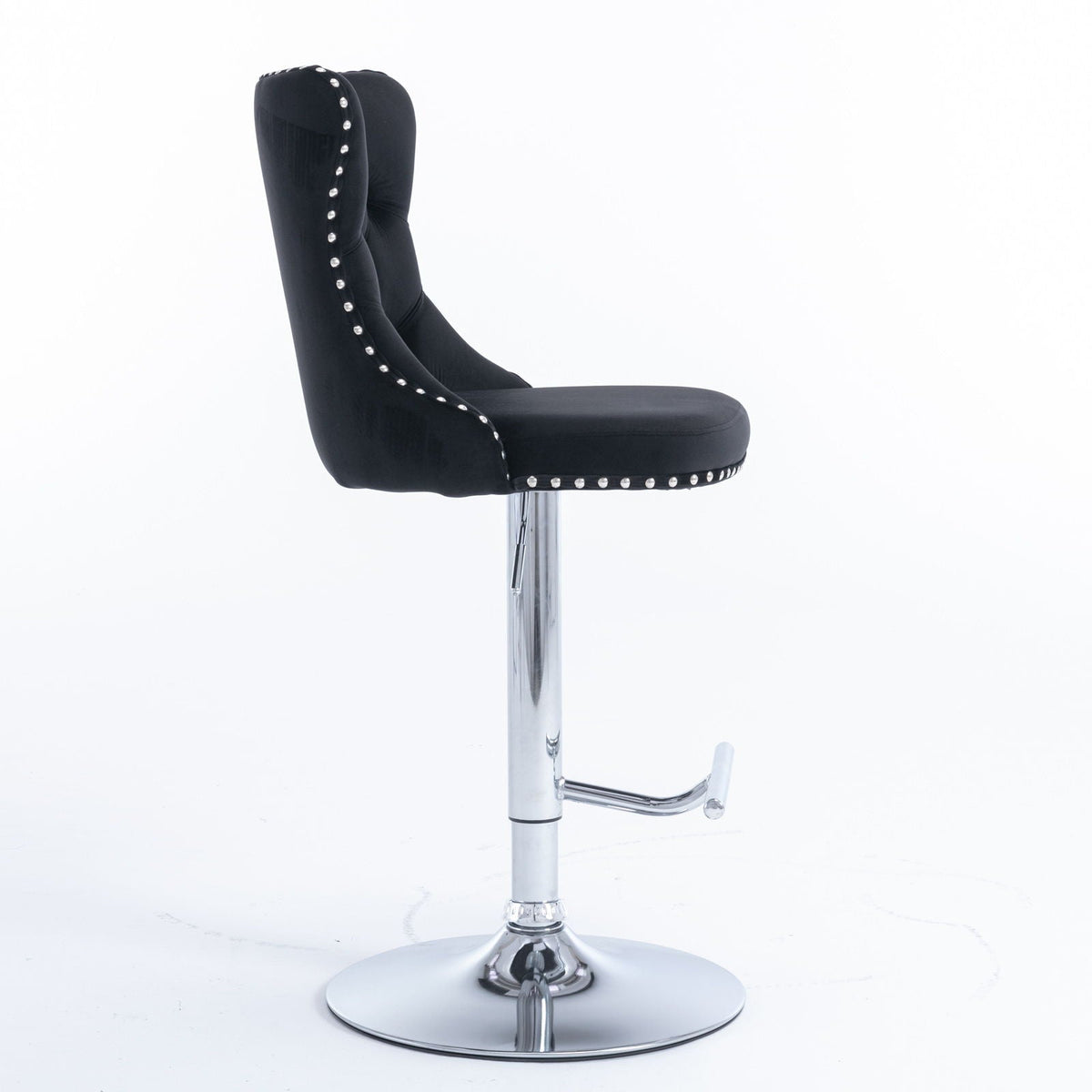 Swivel adjustable-height barstool in black upholstery with chrome base and studded trim on Tampa Home & Garden Store