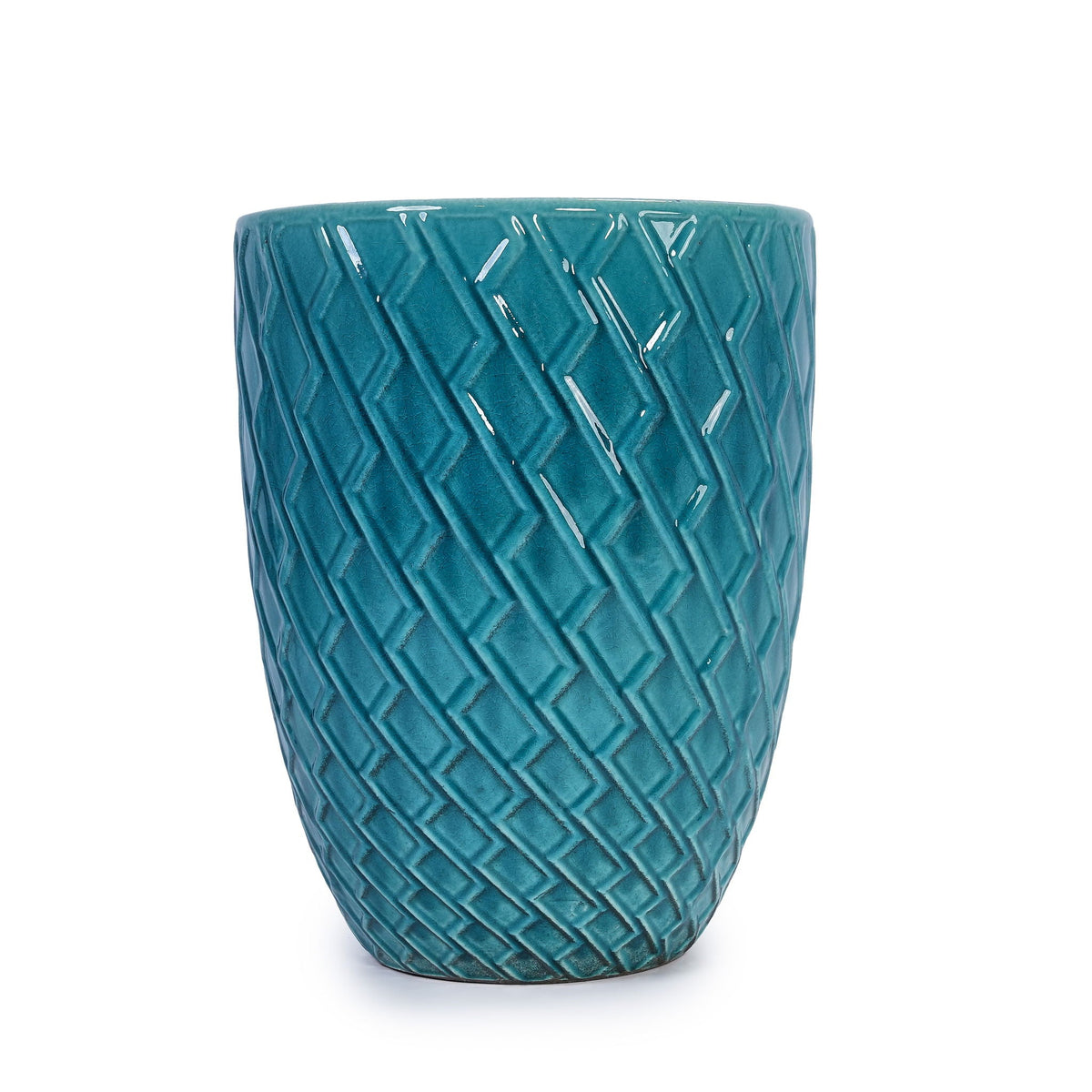 Teal ceramic flowerpot planter with diagonal textured ridges HouseOfZazla on Tampa Home & Garden Store