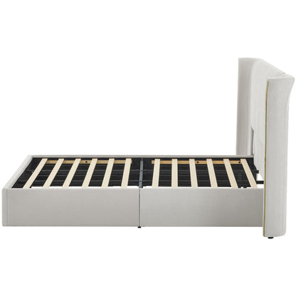 King size wing-back upholstered bed frame in beige with padded headboard by HouseOfZazla on Tampa Home & Garden Store