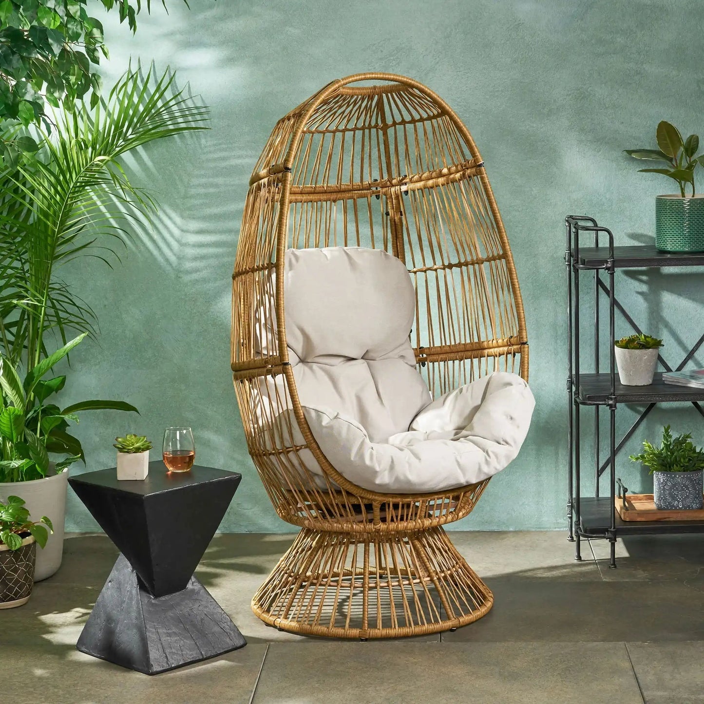 Patio swivel basket egg chair with cushion, natural wicker HouseOfZazla swing chair on Tampa Home & Garden Store