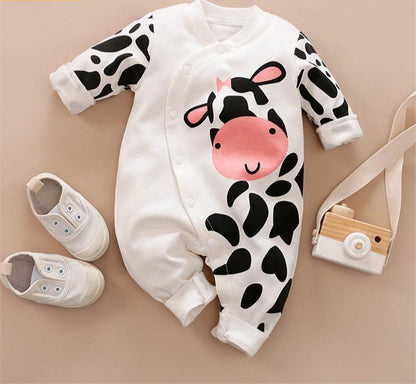 Stevvex baby romper with cow-print and pink cow face on white, snap-front one-piece on Tampa Home & Garden Store