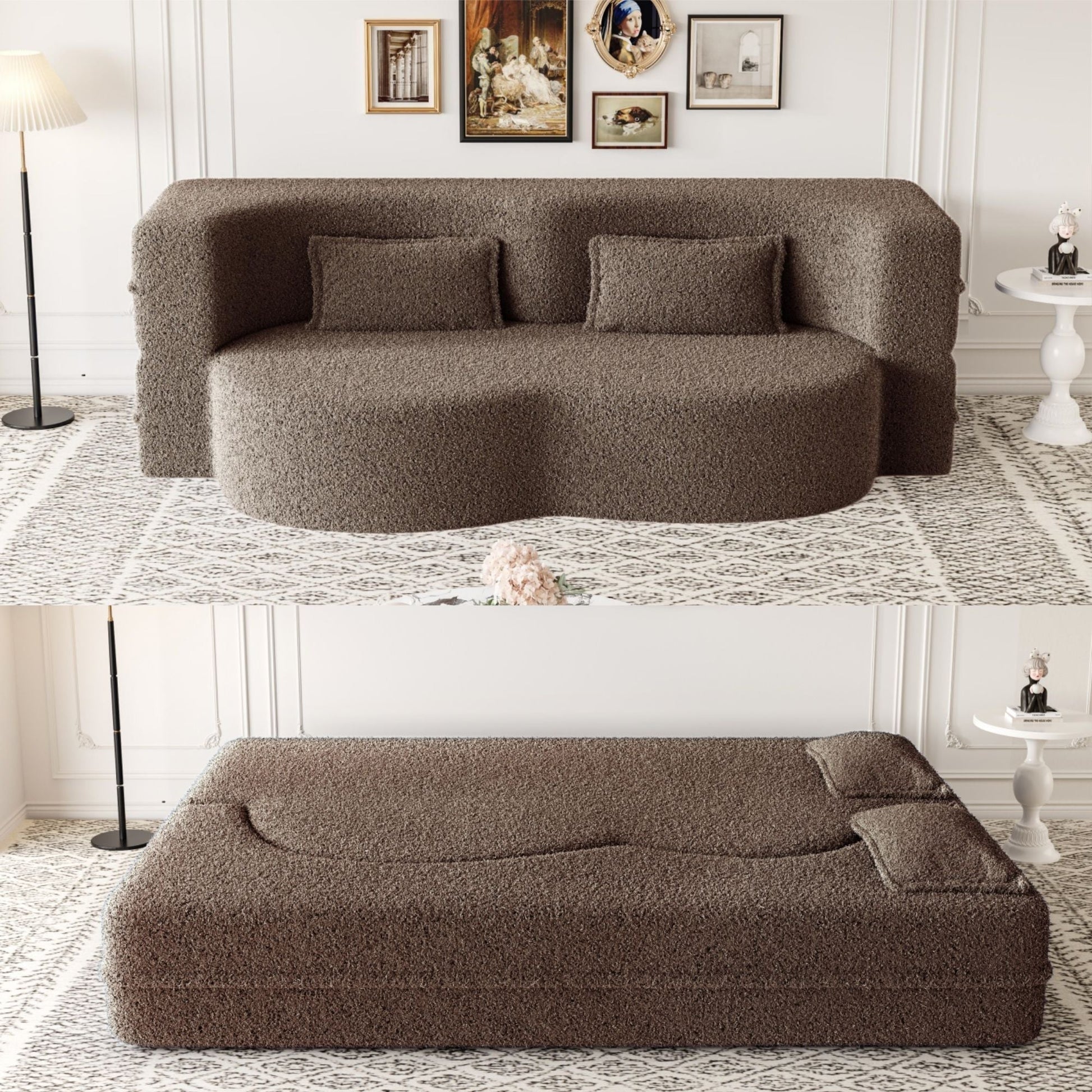 Modern floor futon sofa in teddy brown fabric with two pillows by HouseOfZazla on Tampa Home & Garden Store