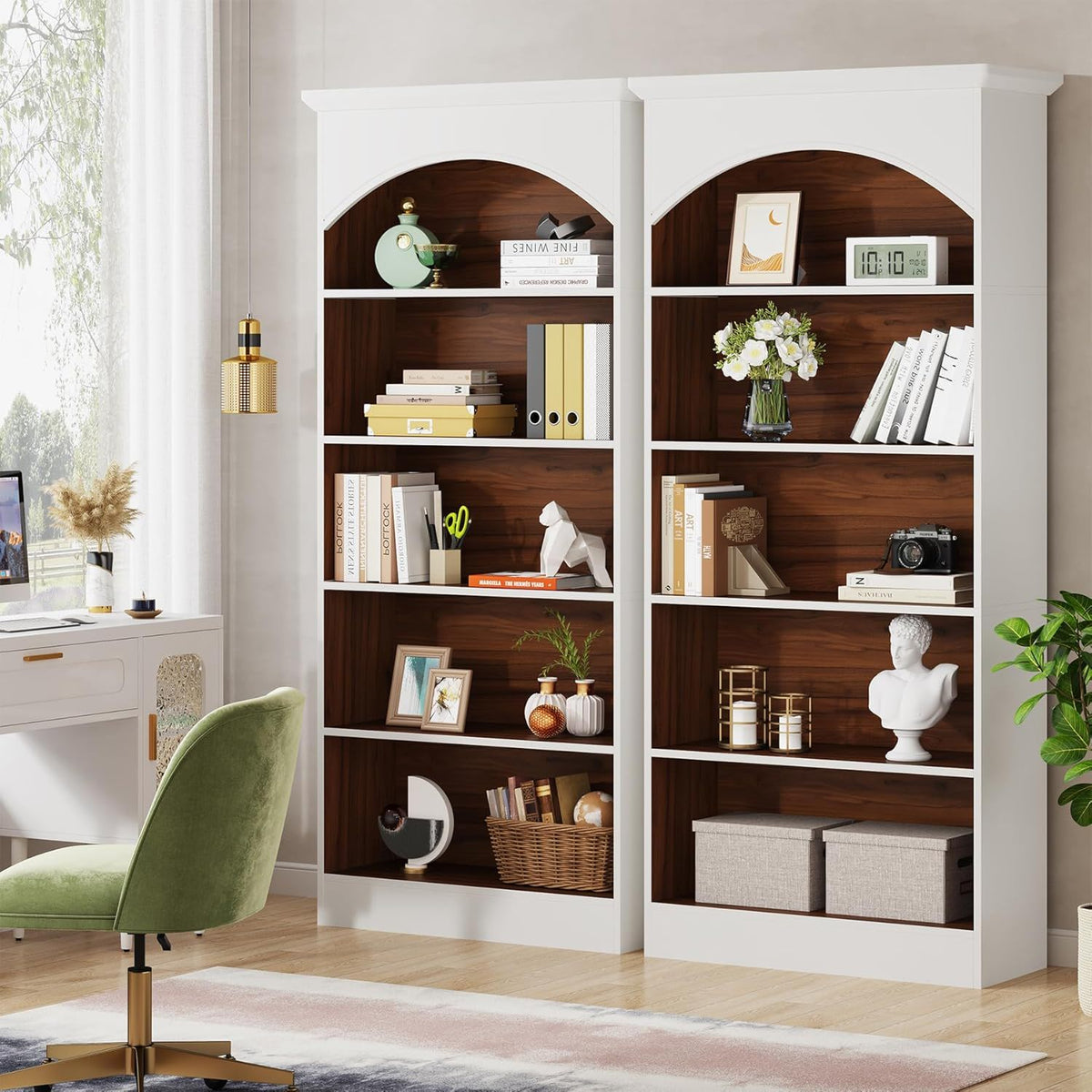 Pair of white 5-tier library bookcases with waterproof melamine and arched openings on Tampa Home & Garden Store
