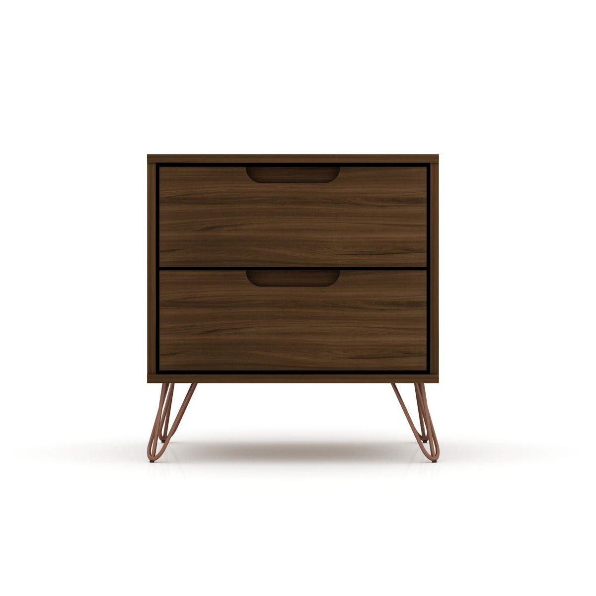 2 Drawer Nightstand in brown wood grain with rounded cutout pulls and copper-toned splayed legs on Tampa Home & Garden Store