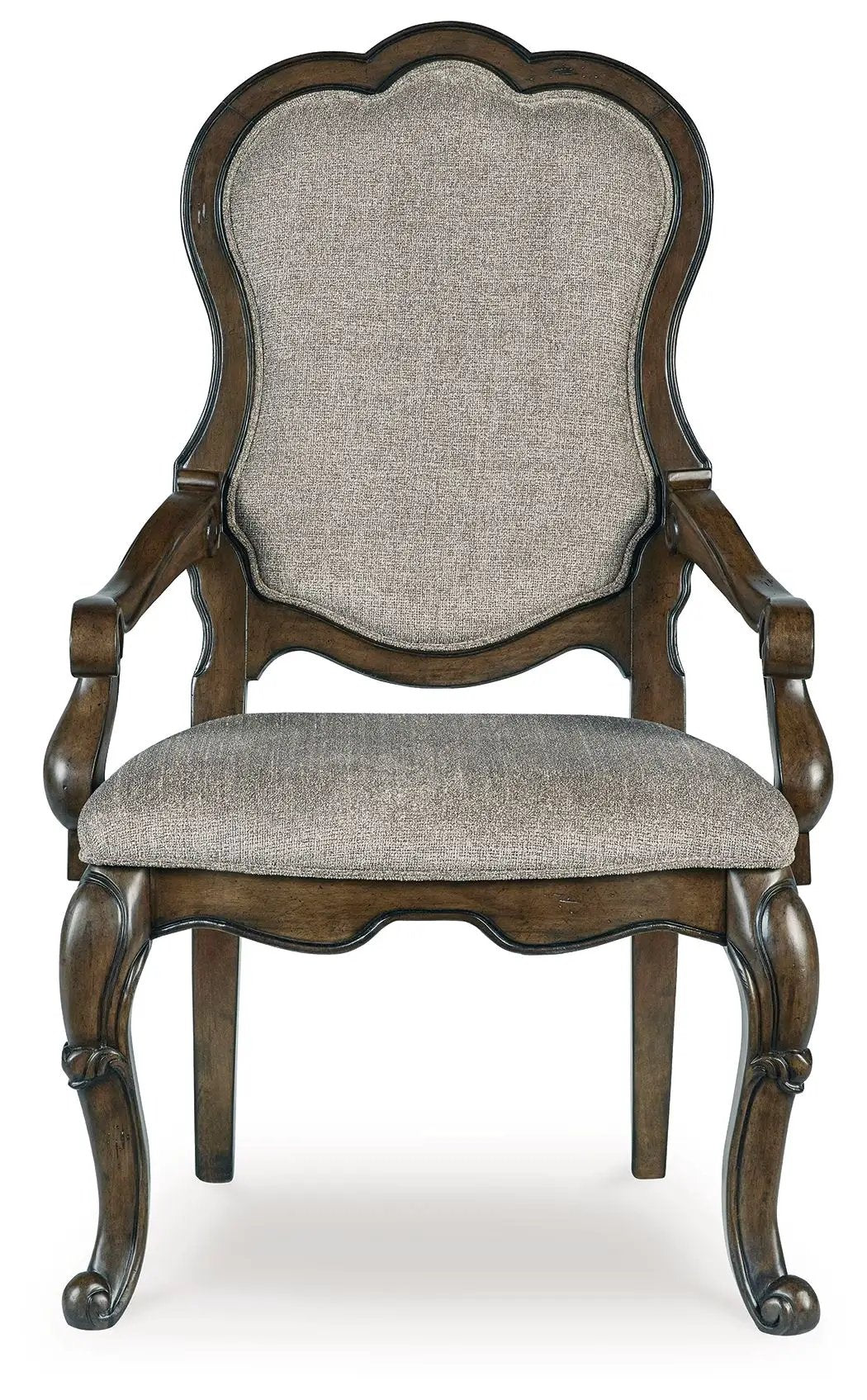 Maylee Dining Upholstered Arm Chair set of 2 in dark brown wood with gray upholstery on Tampa Home & Garden Store