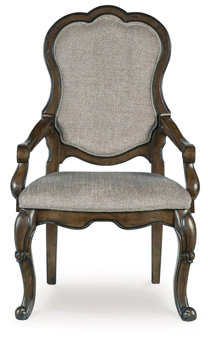 Maylee Dining Upholstered Arm Chair set of 2 in dark brown wood with gray upholstery on Tampa Home & Garden Store
