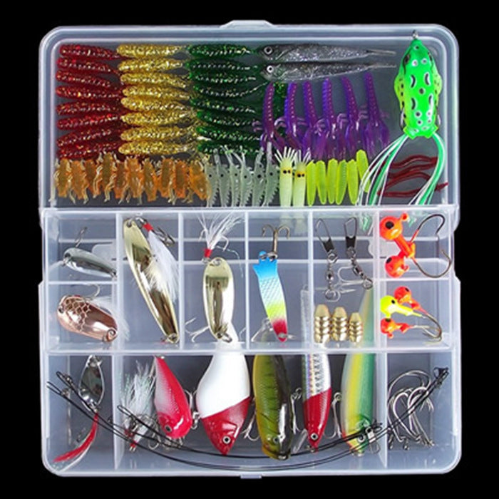 Lure set in a clear tackle box by My Store with freshwater soft baits and metal lures on Tampa Home & Garden Store