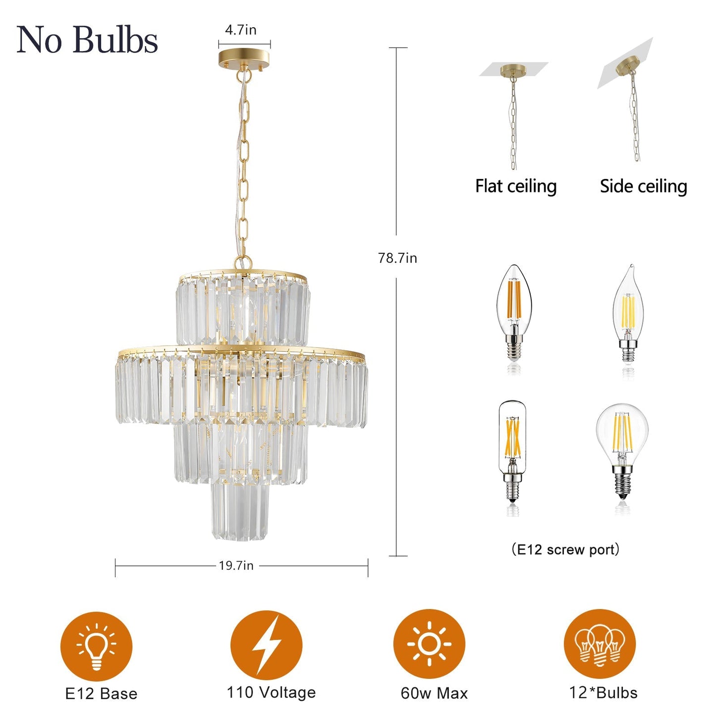 Chandelier, 20 ft luxury 4-tier crystal pendant with gold frame, 12 lights, no bulbs on Tampa Home & Garden Store