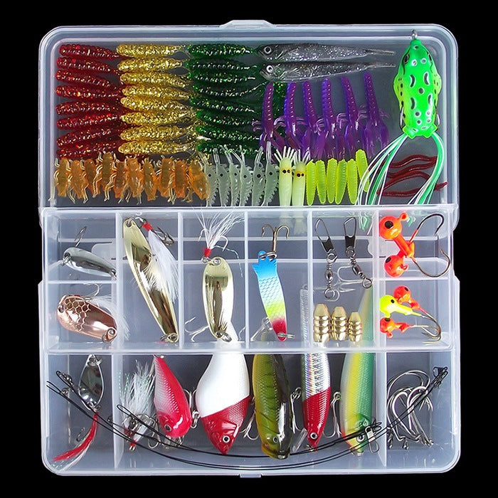 Fishing lure kit in a clear plastic tackle box with colorful soft baits and spoons on Tampa Home & Garden Store