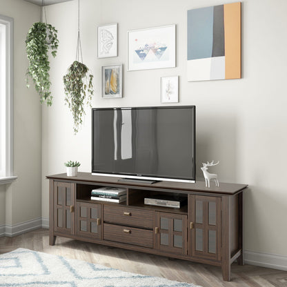 Artisan solid wood TV stand with flip drawer and glass panel cabinet doors on Tampa Home & Garden Store