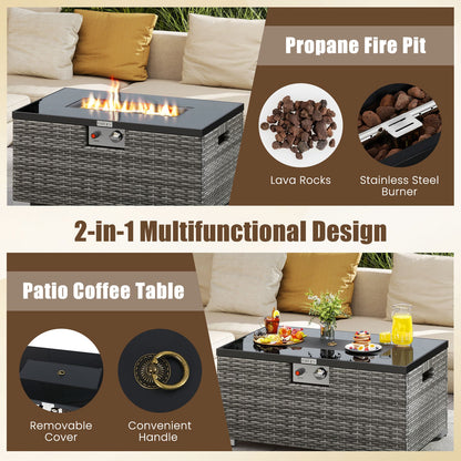 2-Piece Outdoor Rattan Fire Table Set 32 Inch Rectangle Gas Firepit with Tank Cover