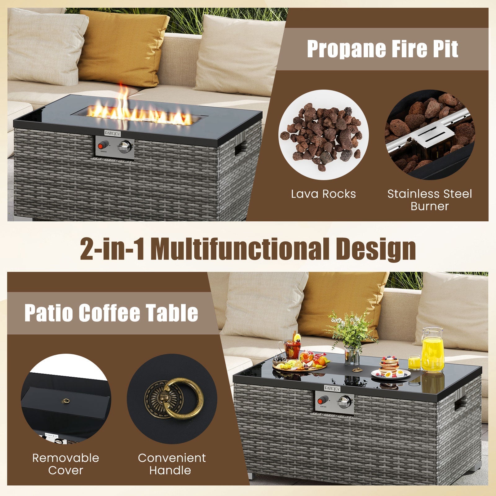 2-Piece outdoor rattan fire table set with 32-inch gas firepit gray wicker glass top by LJGDeals on Tampa Home & Garden Store