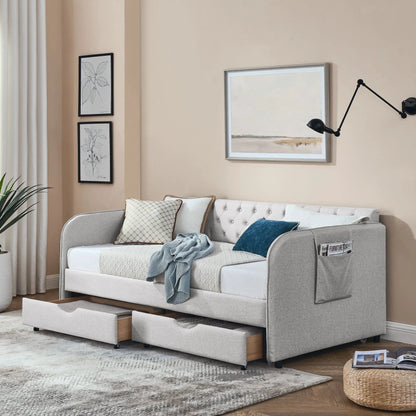 Daybed With Trundle and Storage Drawers Flat Arms